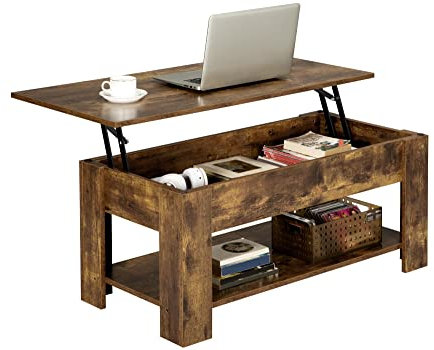 Yaheetech Tavolino da caffè Sollevabile Tavolo Elevabile da Salotto Tavolino Divano caffè con Ripiano Inferiore 98 x 50 x 42-56 cm Marrone Rustico
