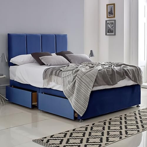 ComfoRest - Sleek 4FT Small Double Bed with Mattress & 2 Drawers | Practical Set for Compact Bedrooms | Sturdy Frame for Everyday Comfort | Chic Divan Design for Modern Spaces (Blue Plush)