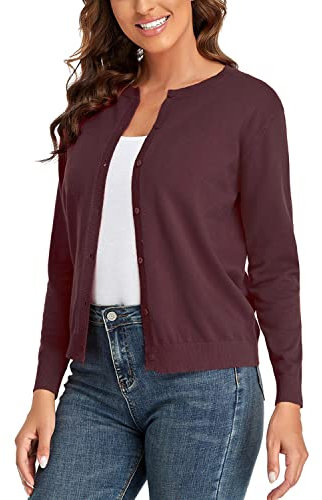 CUNYI Women’s Cardigan Long Sleeve Sweater Lightweight Classic Crew Neck Ladies Coat with Buttons Casual Open Front Elegant Outerwear, Wine M