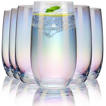 CUKBLESS Iridescent Drinking Glasses Set of 6 ，Crystal Highball Water Glasses，Glass Cups for Water, Juice, Beverage, Mojito，13 Oz
