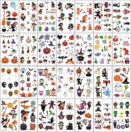 Tatuaggi Temporanei Bambini di Halloween, 30 Pezzi Adesivi Tatuaggi Finti Set, Pipistrello Nero Scheletro Web Zombie Fantasma, Regali Gadget per Festa di Halloween Bambina e Ragazzo