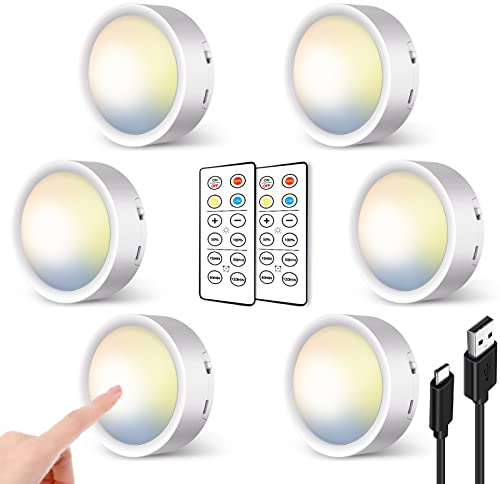 Dimmbar LED Spot mit Akku und Fernbedienung, 2400mAh USB Aufladbar Vitrinenbeleuchtung Kabellos Unterbauleuchte Küche LED Rund Touch Lampe Batterie Schrankbeleuchtung Magnetisch Klebeleuchte