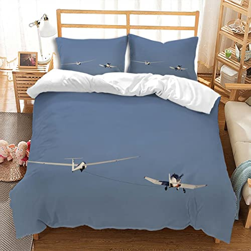 huitutu Bettwäsche Set 155x220cm 3 teiliges Sky Airplane Pattern Mikrofaser Atmungsaktive Bettwäsche Blau Komfort Bettbezug und 1 Kissenbezug 80x80cm