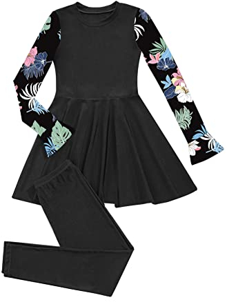 CHICTRY Muslimischen Badeanzug Mädchen Kinder Full Cover Bescheiden Badekleid Mit Badehose Hawaii Motiv Schwimmanzug Burkini Surfen Kleidung Schwarz A 146-152