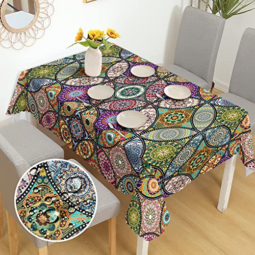 iEvery Boho Tablecloth Rectangular, Mandala Polyester Waterproof Table Cloth Wipe Clean Garden Tablecloth for Home Dinning Kitchen Party Picnic Patio Outdoor, 140x180cm
