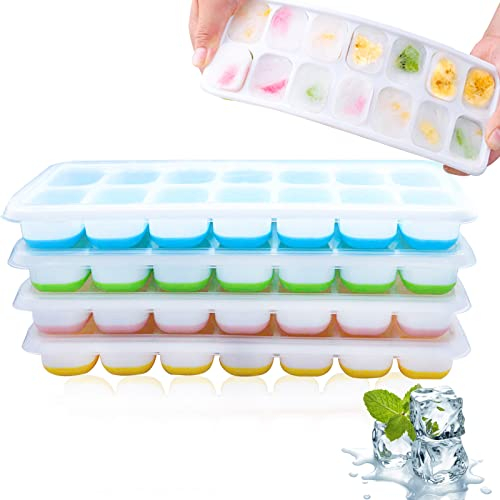 Phantasy® Eiswürfelform Silikon Mit Deckel 4 PACK, Platzsparend und Stapelbar Ice Cube Tray Eiswürfelbehälter für Babybrei Enfrieren, Gekühlte Getränke, Mehrfarbig