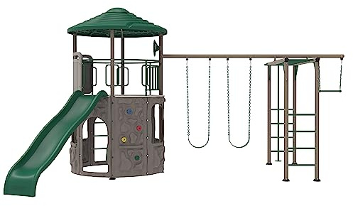 Lifetime Adventure Tower Deluxe Swing Set Playset Lifetime Adventure Tower, Covered Clubhouse, 9 ft Wavy Slide, Monkey Bars, Climbing Wall, Fireman’s Pole, Belt Swings & Trapeze