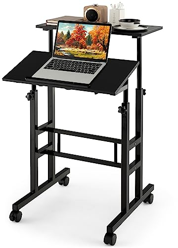 GIANTEX Höhenverstellbarer Schreibtisch, Computertisch mit 2 Ebenen auf Rollen, Rahmen aus verstärktem Stahl, 3 Farben (schwarz)