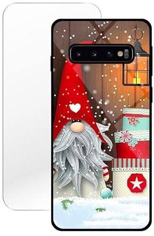 KARTXITAI Hülle Kompatibel mit Samsung Galaxy S10,Stoßfest Hybrid Schutzhülle [TPU Silikon Bumper+Glas Rückseite] mit Weihnachten MusterSchneemann Handyhülle Cover+Glas Displayschutz