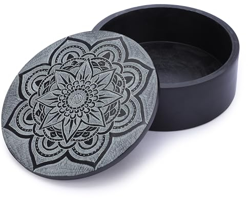 Ajuny Handgefertigte runde dekorative Box aus schwarzem Marmor-Speckstein mit Mandala-Schnitzereien, vielseitig einsetzbar als Schmuckaufbewahrung, Schmuckhalter, Heimdekoration, 12,7 x 12,7 x 5,1 cm