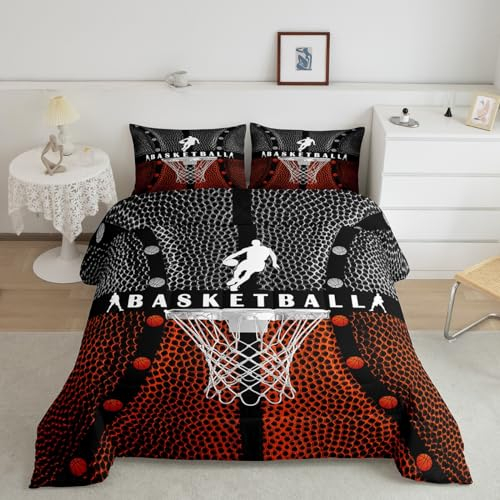 Kinder-Basketball-Bettwäsche-Set, volle Größe, Basketballplatz, geometrisches Patch-Bettwäsche-Set, Jungen, Mädchen, Erwachsene, Raumdekoration, Ballsport, Gaming, Daunendecke, orange-schwarz, helle