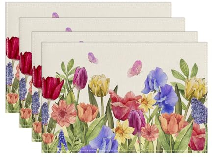 Tarklanda Tulpe Lavendel Platzsets 4er Set Schmetterling Blume Tischset Frühling Floral Platzsets Urlaub Dekor Tischsets Waschbar Platzdeckchen für Küche Esstisch Party 30 x 45cm