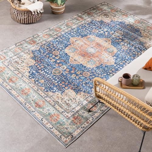 FRAAI | Home & Living In- & Outdoor Teppich Vintage - Kairo Medaillon Dunkelblau Terra - Wetterfest - Polyester - Flachgewebe - Wohnzimmer, Esszimmer, Balkon, Garten/Terrasse - Terrasse - Rug