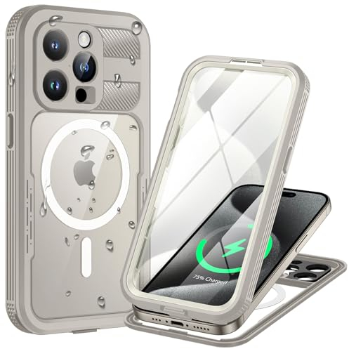 Lanhiem für iPhone 15 Pro Max Hülle Wasserdicht,Handyhülle für iPhone 15 Pro Max Wasserfest Schutzhülle mit Magsafe,360 Outdoor Stoßfest Staubdicht Panzerhülle mit Displayschutz,Titan Natur