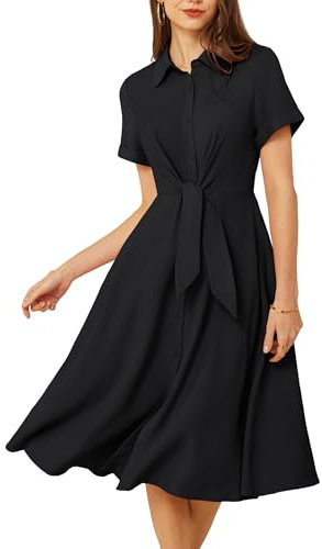 GRACE KARIN Women Casual Lightweight Dress with Tie Belt Short Sleeve Button Down Dess Summer Midi Dress Black M