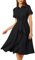 GRACE KARIN Women Casual Lightweight Dress with Tie Belt Short Sleeve Button Down Dess Summer Midi Dress Black M