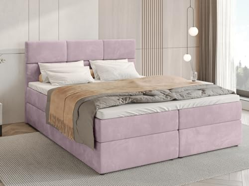 BROMARKT Boxspringbett mit Bettkasten Polsterbett mit Bonell-Matratze und Topper Doppelbett mit Stauraum Bett für Schlafzimmer gepolstertes Kopfteil Boston 160x200 Härtegrad H3 Samtstoff Puderrosa