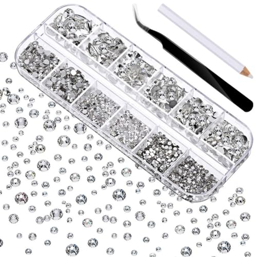 VBSJAH Strass di Vetro Rotondo Gemme di Cristallo,1440 Pezzi 6 Formati Rotondo Gemme di Cristallo,Strass Trasparenti con pinzette e scatole per Decorare Tutti i Tipi di Artigianato