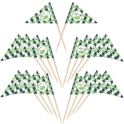 Teenyyou 50 Pcs Golf Cupcake Toppers Hole in One Birthday Decorations 1st Golf Cocktail Picks Mini Stick Cupcake Toppers Flags for Baby 1st Birthday Party Food Bar Decorations Supplies(Check Pattern)