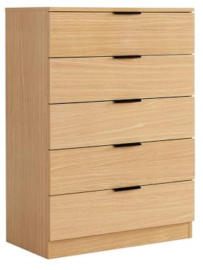 Home Source Bedroom Chest of Drawers Clothing Storage Cabinet, 5 Drawers, Oak Effect