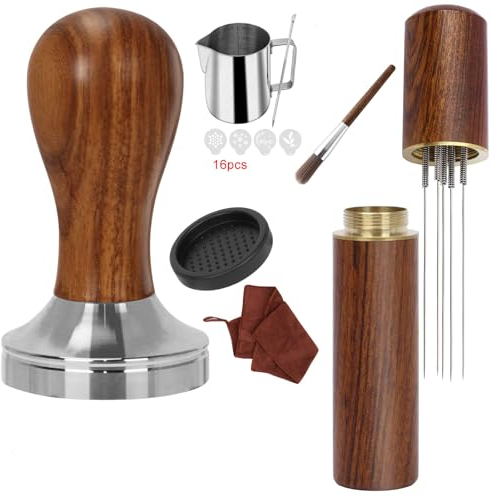 Kaffee Tamper Set 51mm, 23pcs Espresso Tamper Set, Barista Set mit Aufschäumkrug, Barista Set mit 304 Edelstahl Base Kaffeestampfer, Tamper Matte, Latte Art Stift, Kaffee-Rührer, Sandelholz-Tamper