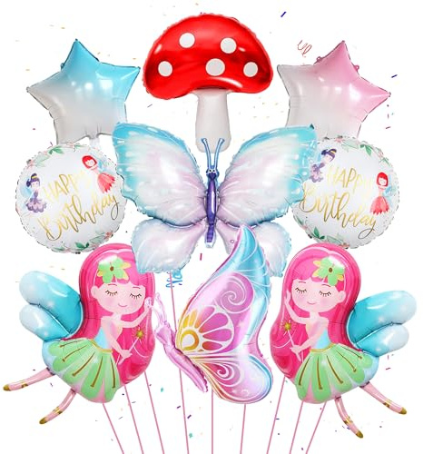 Fairy Birthday Decorations Party Balloons - 9pieces Butterfly Star Mushroom Round Foil Balloons for Kids Girls and Women Birthday Baby Shower Decoration