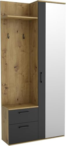 Garderobenschrank Flur 90 cm Breit Watford, Flurgarderoben Set mit Spiegel, Schuhschrank und Regalen, Vorzimmer Flur Möbel - Schwarz/Artisan Eiche