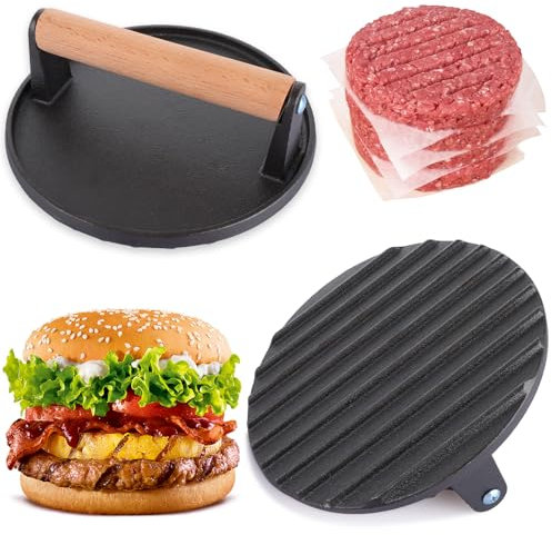 LOPYXBR 2PCS Burger Press Cast Iron 7 Inch Heavy-Duty Cast Iron Grill Press with Wood Handle Non Stick Round Steak Bacon Press for Meat, Hamburger, BBQ, Griddle, Sandwich