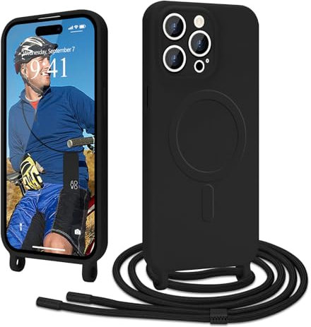 Ethanger Handyband für iPhone 14 Pro Hülle mit Band [Kompatibel mit Magsafe] Flüssig Silikon Necklace Handyhülle Magnetische Schutzhülle zum Umhängen Kordel für iPhone 14 Pro Schwarz