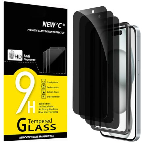 NEW'C 3 Piezas, Protector pantalla privacidad para iPhone 16, iPhone 15 (6,1 Pulgadas), Cristal Vidrio Templado Antiespia con herramienta de instalación fácil incluida - Ángulo de Privacidad 28 Grados