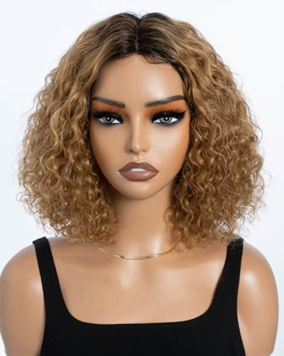 Style Icon Perruque en cheveux humains courts et bouclés - À porter sans colle - Pour femme - 25,4 cm - Perruque bob bouclée - Sans dentelle - (TT2/27, partie moyenne)