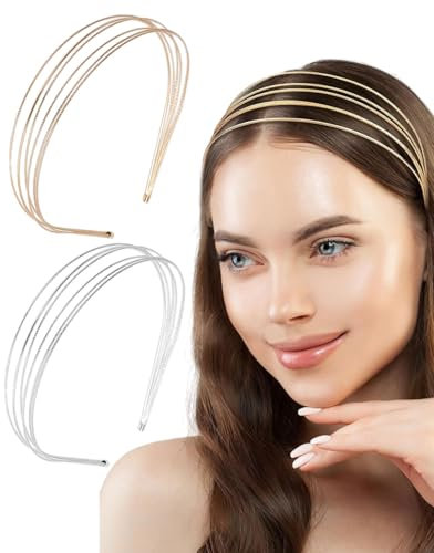 LEEQBCR 2 Pezzi Sottile Multistrato Metallo Fasce Per Le Donne Alla Moda Eleganti Fasce Per Capelli Copricapo Sottile Strato Accessori Per Capelli Per Donne Ragazze(oro, argento)