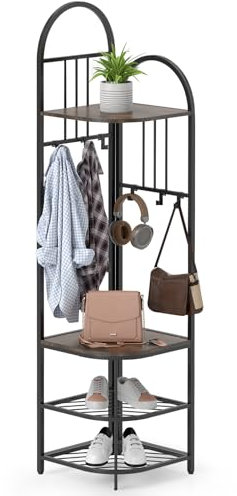COSTWAY Corner Coat Rack Stand, 4-Tier Freestanding Hall Tree with Shoe Bench, Storage Shelves & 6 Hooks, Metal Frame Garment Rack Clothes Hanger Organiser for Hallway Bedroom (Rustic Brown + Black)