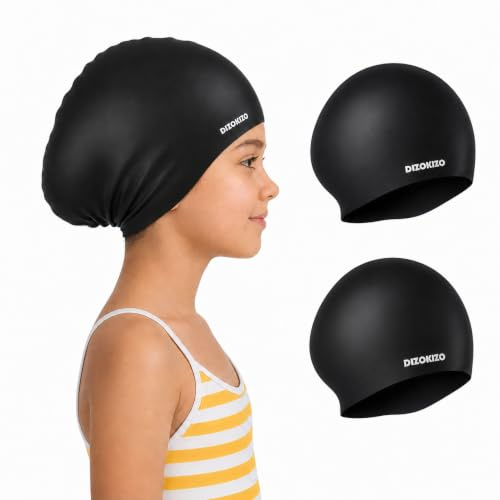 Dizokizo 2pcs Silicone Swim Cap for Kids 6-14, High Elasticity Comfortable Non-Slip Swimming Cap for Girls & Boys, Durable Waterproof Swim Hats for Long and Short Hair, Keep Hair Dry (Black & Black)