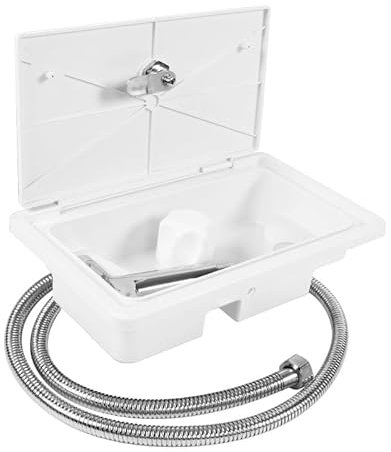 Douche de Camping-Car, Kit de Douche Extérieure pour Camping-Car, RV Extérieur Boîte de Douche avec D'eau Chaude et Froide avec Tuyau Métallique de 1,5 M pour Bateau Camping-Car Caravane, Blanc