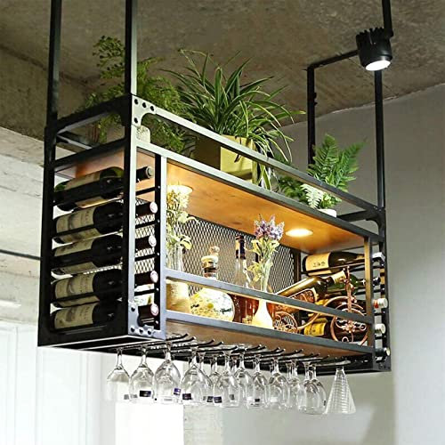BMWJYLPM Weinregal zum Aufhängen im Vintage-Stil mit LED-Leuchten, Flaschenhalter für die Decke aus Metall mit Stielgläsern und Glasregal für die Aufbewahrung in der Küche und Bar