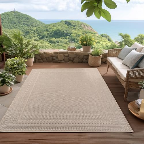 HomebyHome Outdoor Teppich Beige 280x370 cm Wetterfest UV-beständig Pflegeleicht Einfarbiges Design mit Bordüre für Küche Balkon Terrasse Garten Wohnzimmer