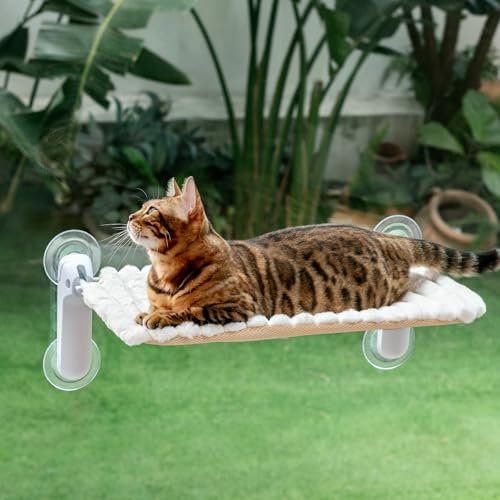 GUUSII HOME Cat Window Bed Foldable Kitten Hammock Hanging Windowsill Perch for Indoor Large Cats Holds Up to 18kg Kitty Window Sill Seat with Suction Cups Machine Washable Cover 54 * 30cm(White, M)