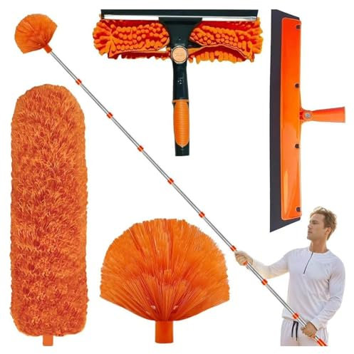 Perche Telescopique Nettoyage Toiture | Kit De Dépoussiérage Haute Portée De De 6m avec Perche d'extension de 4.25m | Plumeau pour Plafond Haut Plumeau en Microfibre à Toile d'araignée