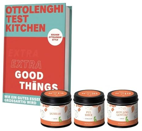 Rimoco Gewürze Geschenkset aus Gewürzen + Das Kochbuch Ottolenghi Test Kitchen: Extra good things  - bestehend aus Dukkah N°712, Bio Pul Biber N°738 und Bio Avocado Gewürz N°749