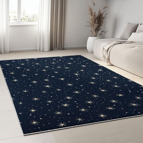 Teppich 80 x 150 cm Waschbarer Wohnzimmer Kurzflor Teppich, Traum Sternen Stil waschbarerteppich flauschig Dekoration Sterne und Blauer Nebel für Esszimmer Schlafzimmer Küche Weicher