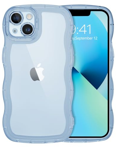 DUEDUE für iPhone 13 Mini Hülle, Niedliche Wellenrahmen Lockige Form Stoßfeste Durchsichtige Handyhülle für iPhone 13 Mini Case 5,4 Zoll, Blau