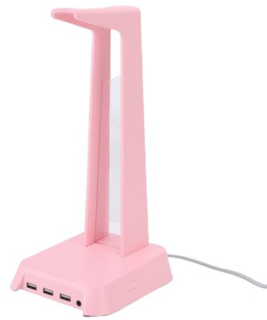 Plyisty RGB Headset Stand, Gaming Headphone Stand with 3 USB Charging Ports, Stable Weighted Non-Slip Base, Desktop Gaming Headset Holder Hanger (Pink)