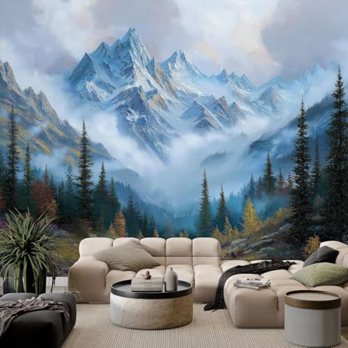 Papel pintado no tejido panorámico 300 x 210 cm 3D póster gigante de pared, montaña de nieve brumosa, bosque natural, para salón, dormitorio, restaurante, decoración de pared, tapiz de pared
