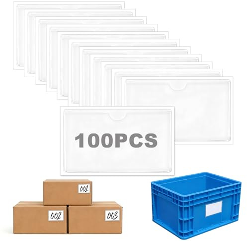 100 Pièces Porte Étiquettes Autocollantes, 10 × 6cm, Transparent, Adhesif | Porte Carte de Visite, pour Bureau École Bibliothèque Etagères