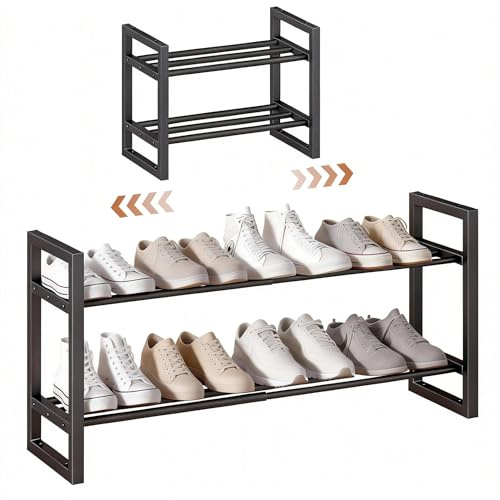 IBUYKE Ausziehbares Schuhregal 2 Etagen, Stapelbar, Schwarz TXJ002B | 45-83cm Verstellbar, Platzsparende Metall Schuhständer für Eingang Flur Kleiderschrank Kleine Räume