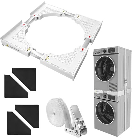 Zanfqvo Kit Sovrapposizione Lavatrice Asciugatrice con Cinghie Cricchetto e Livella (45-70 Cm) | Supporto Lavatrice Asciugatrice Generale con 8 Pattini Antiscivolo, Poco Ingombrante