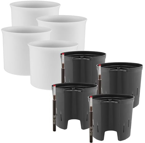 Leni Atlas Hydrokultur-Set Blumentopf Ø 24,5 cm Höhe 20 cm Weiß 4er-Pack | mit Kulturtopf und Gießanzeige, Übertopf, Pflanztopf aus Kunststoff matt