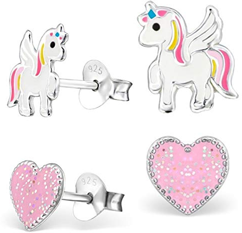 2 Paar Ohrstecker Set Ohrringe Mädchen Silber 925 mit Emaille Einhorn