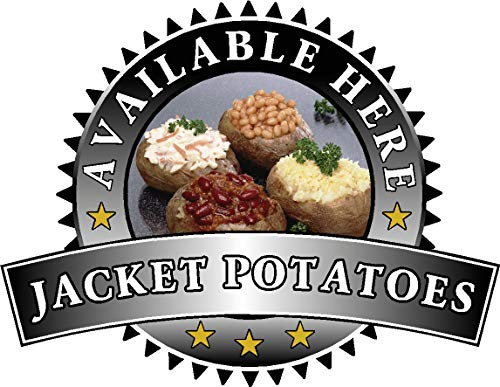 „Jacket Potato Sold Here“ Aufkleber – Catering Schild Fensteraufkleber Cafe Restaurant Eis, Large 400 x 520mm, Schwarz